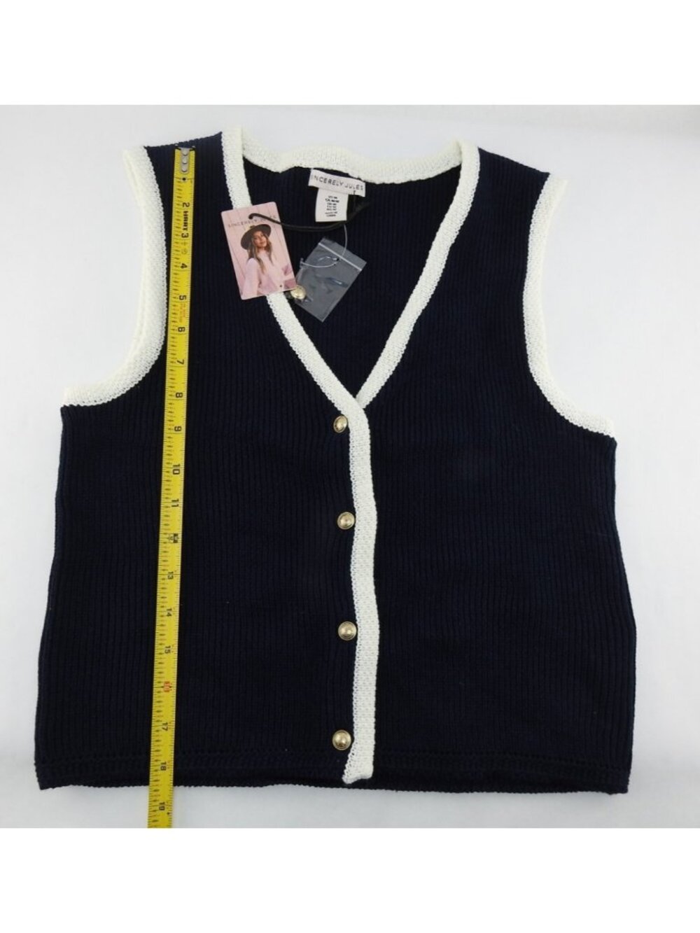Sincerely Jules Womens Knit Sweater Vest Navy White Trim Button Front Preppy NWT - Picture 5 of 7